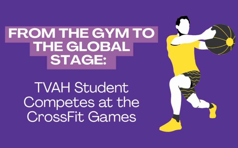 Graphique sur fond violet représentant un athlète effectuant une fente avec un médecine-ball. Le texte indique : « De la salle de sport à la scène internationale : un étudiant de TVAH participe aux CrossFit Games.